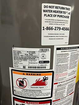 water heater sticker with model and serial number